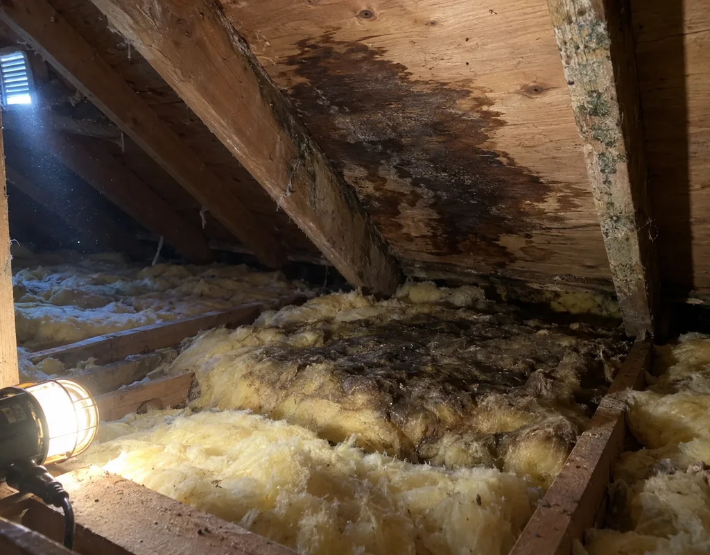 Before and after of a basement wall with visible mold followed by removed drywall, cleaned studs, and documented dry readings