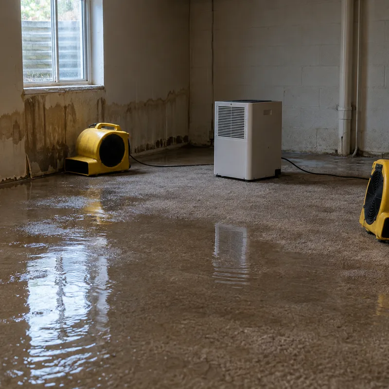 Moisture meter reading on basement framing with a dehumidifier and air mover in the background
