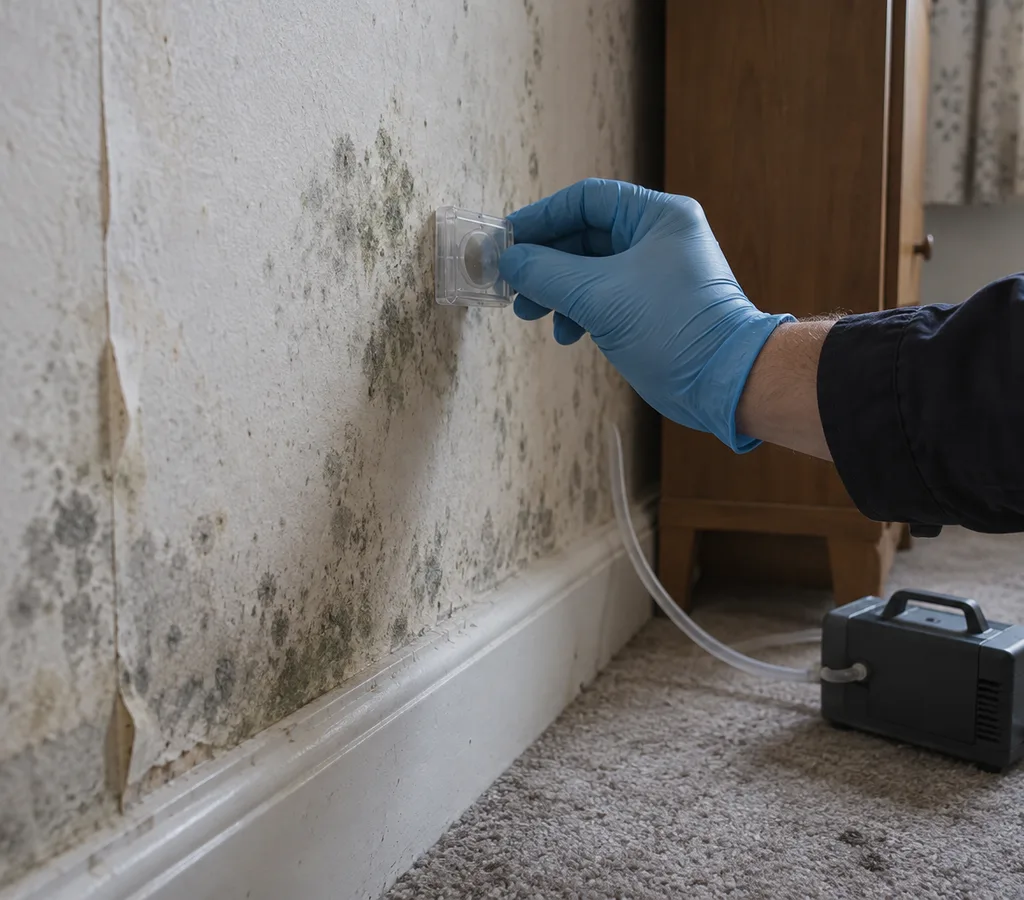 Remediation technician setting up containment plastic and a HEPA air scrubber in a Columbus-area home