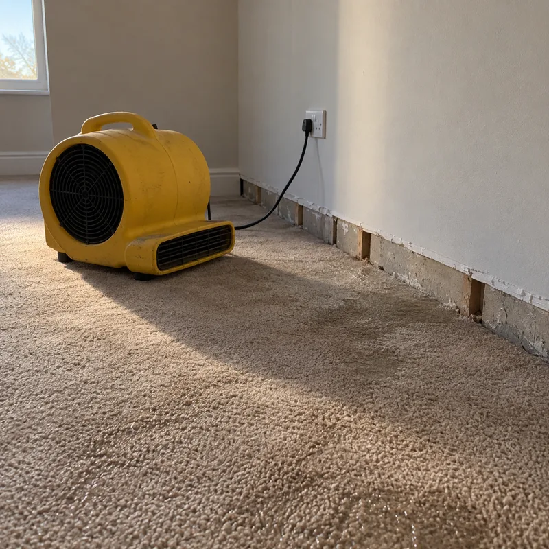 Floor containment and weighted drying mat setup targeting moisture beneath a hard surface floor