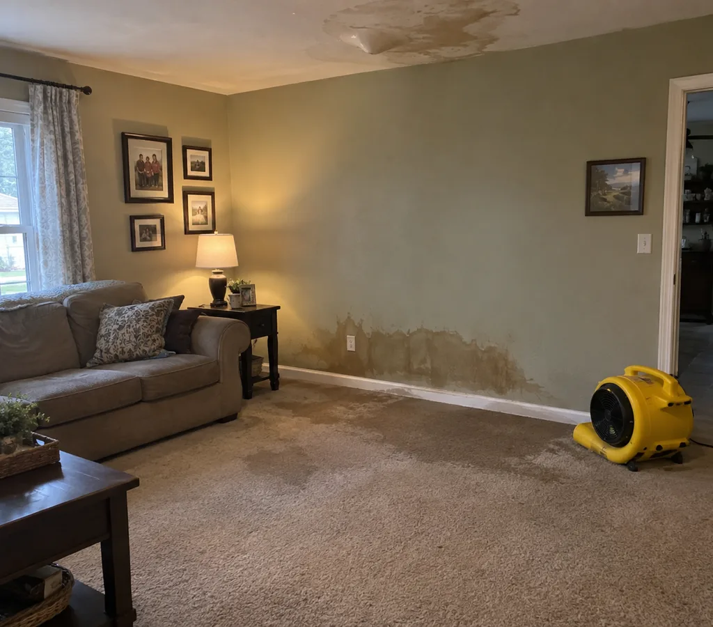 Columbus technician using a truck-mounted extraction hose on a flooded residential floor with drying equipment nearby