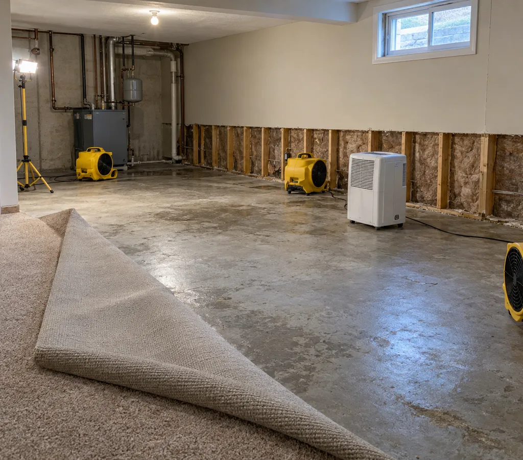 Technician using a moisture meter and placing air movers in a Columbus home