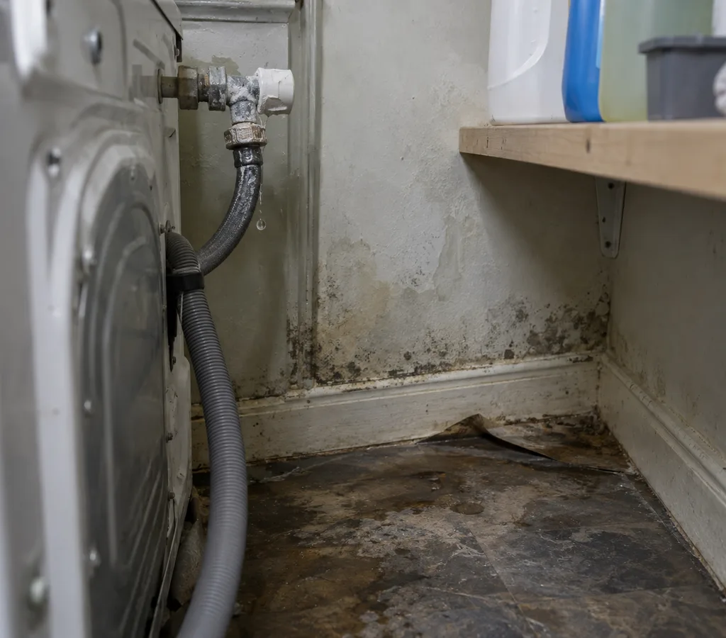 Technician in protective gear using a commercial dehumidifier and air movers in a Columbus home with wet flooring and moisture meters visible