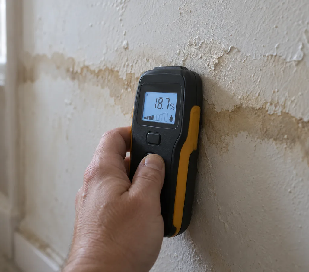 Inspector in protective gear collecting an air sample with a calibrated pump inside a Columbus-area home