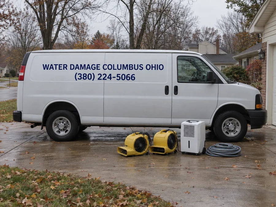 Technicians unloading air movers and a dehumidifier outside a Columbus row home or duplex